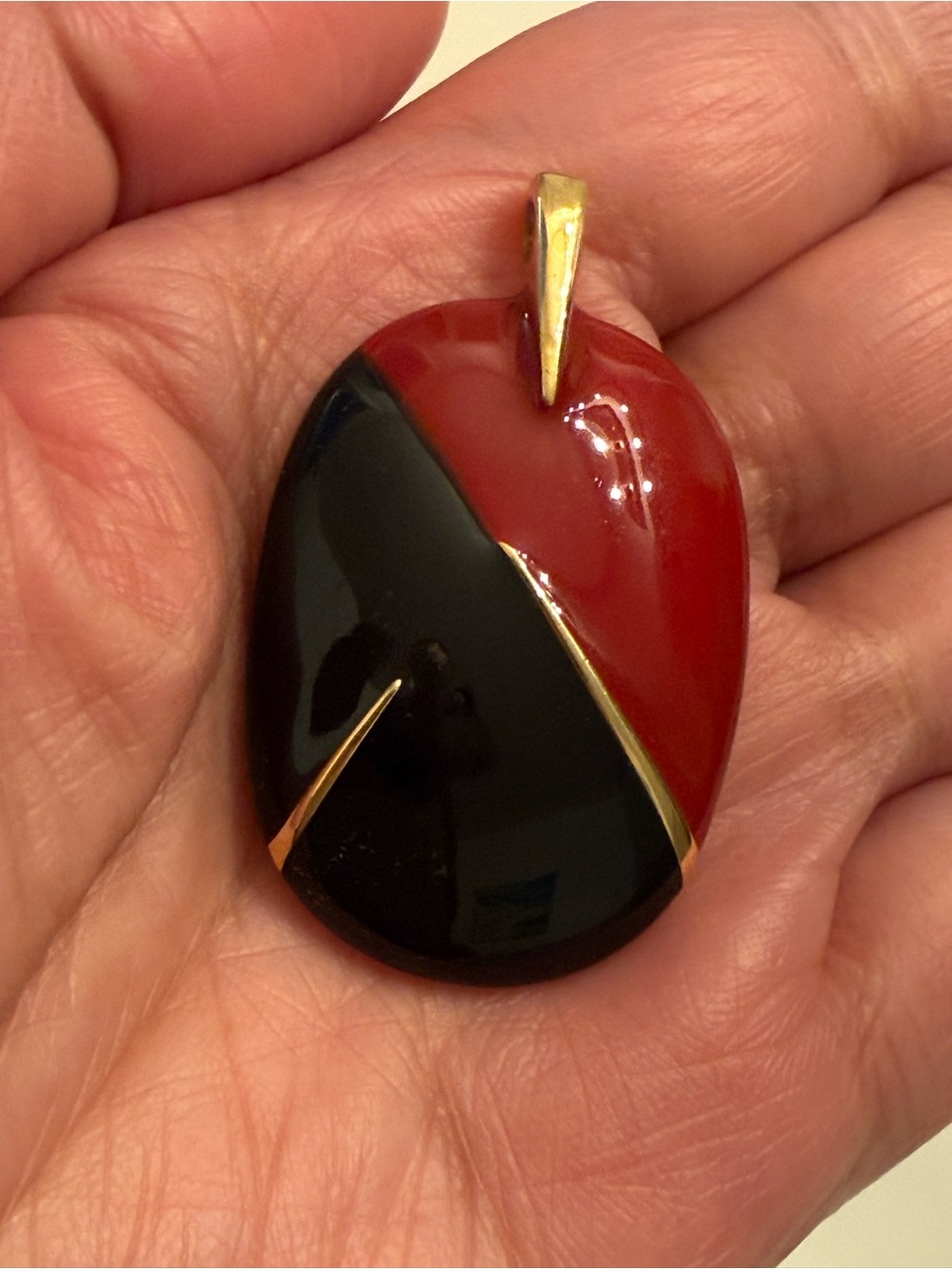 Crown Trifari Red and Black Enamel Teardrop Pendant with Gold Accents